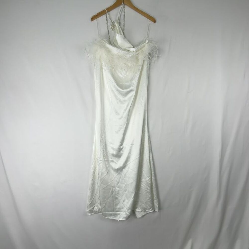 Diva Boutique Satin Rhinestone Backless Dress with Feather Detail